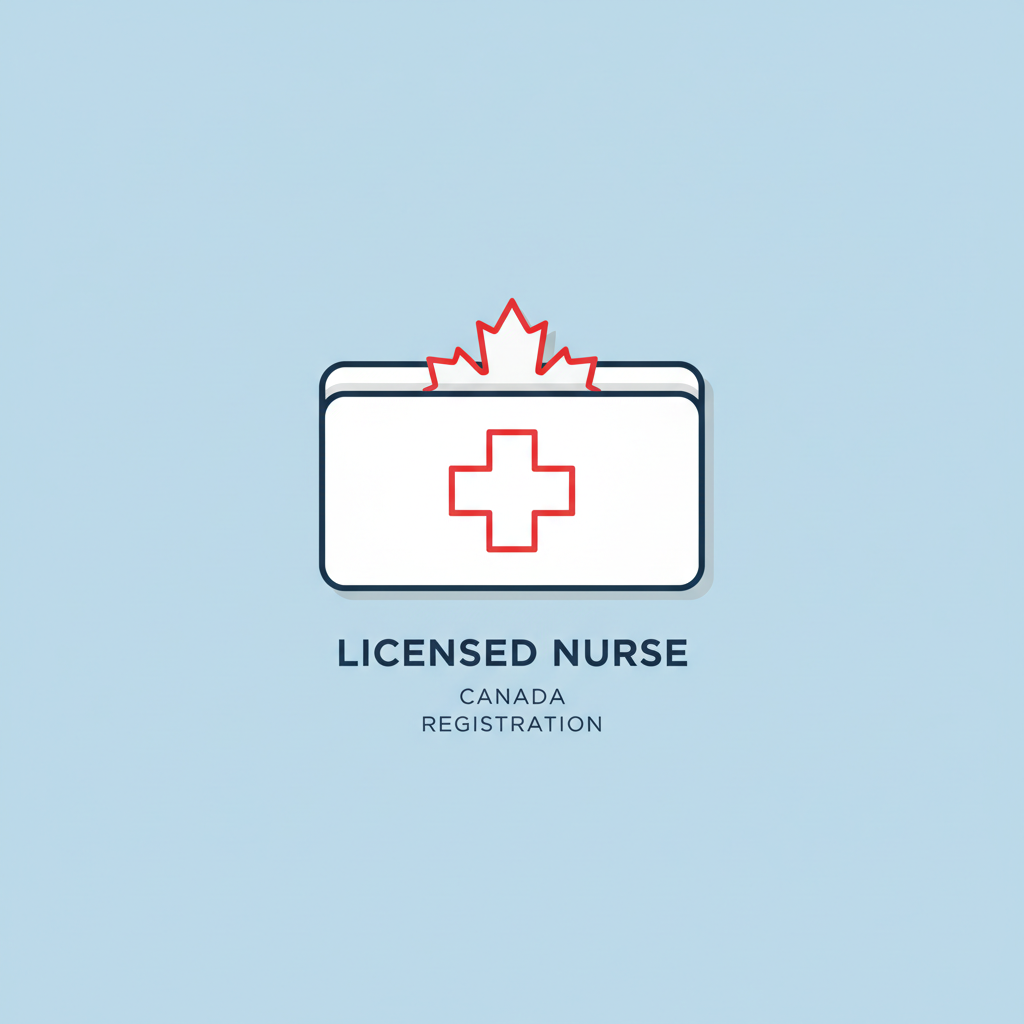 simple flat-style icon representing a nursing license or nursing registration document, with a medical cross and a subtle maple leaf to suggest Canada, clean lines, vector style, on a transparent or plain light background