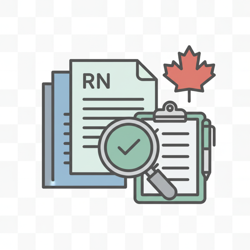 simple flat-style icon representing nursing credential assessment for internationally educated nurses, featuring documents, a checklist or magnifying glass, and a subtle maple leaf to suggest Canada, clean lines, vector style, on a transparent or plain light background