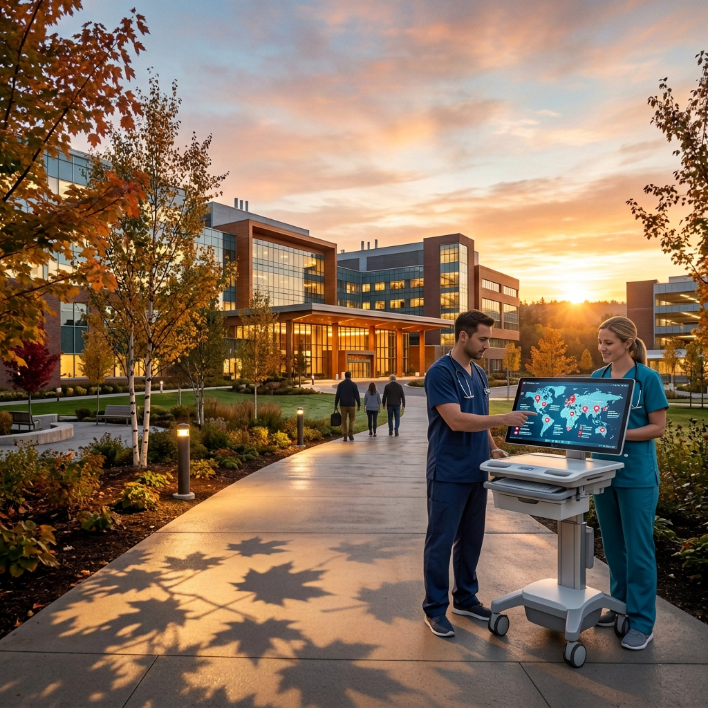 People walking along a landscaped campus path at sunset