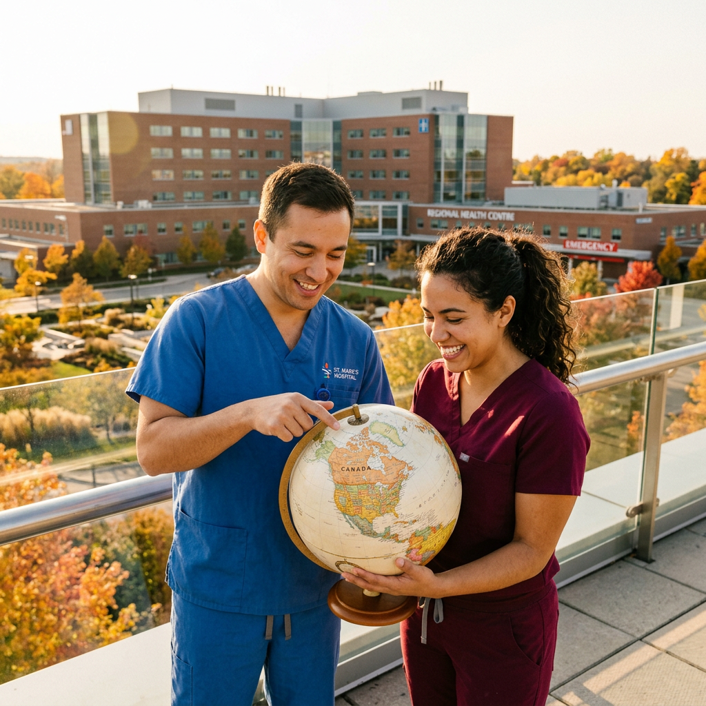 Two healthcare workers hold a globe outside Regional Health Centre; signs read Emergency and St. Mary’s Hospital.